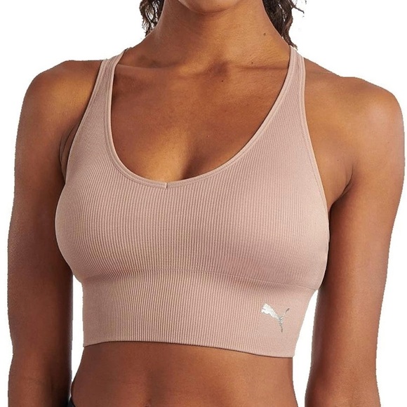 Puma Low Support Ribbed Seamless Bra, Bark/Blush Pink, Size Medium - Picture 2 of 14